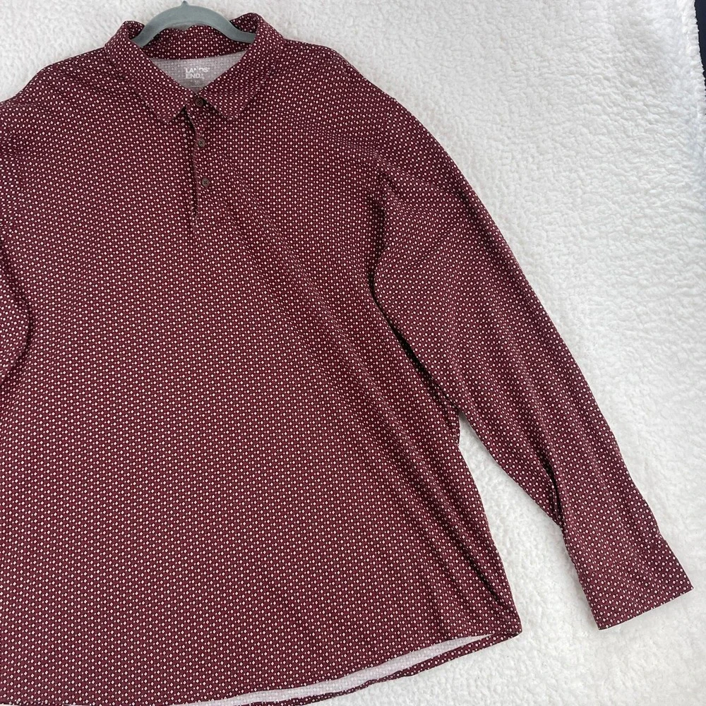 Lands'‎ End Red Long Sleeve Polo Shirt Mens Collared Stretch Geo Print Size XXL